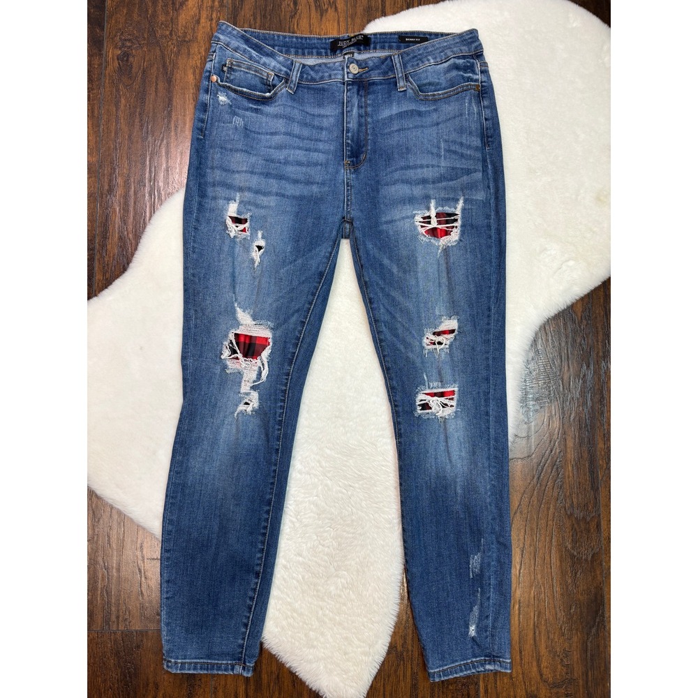 Judy Blue Skinny Jeans 15/32 Medium Wash Plaid Patch Distressed Ripped Denim